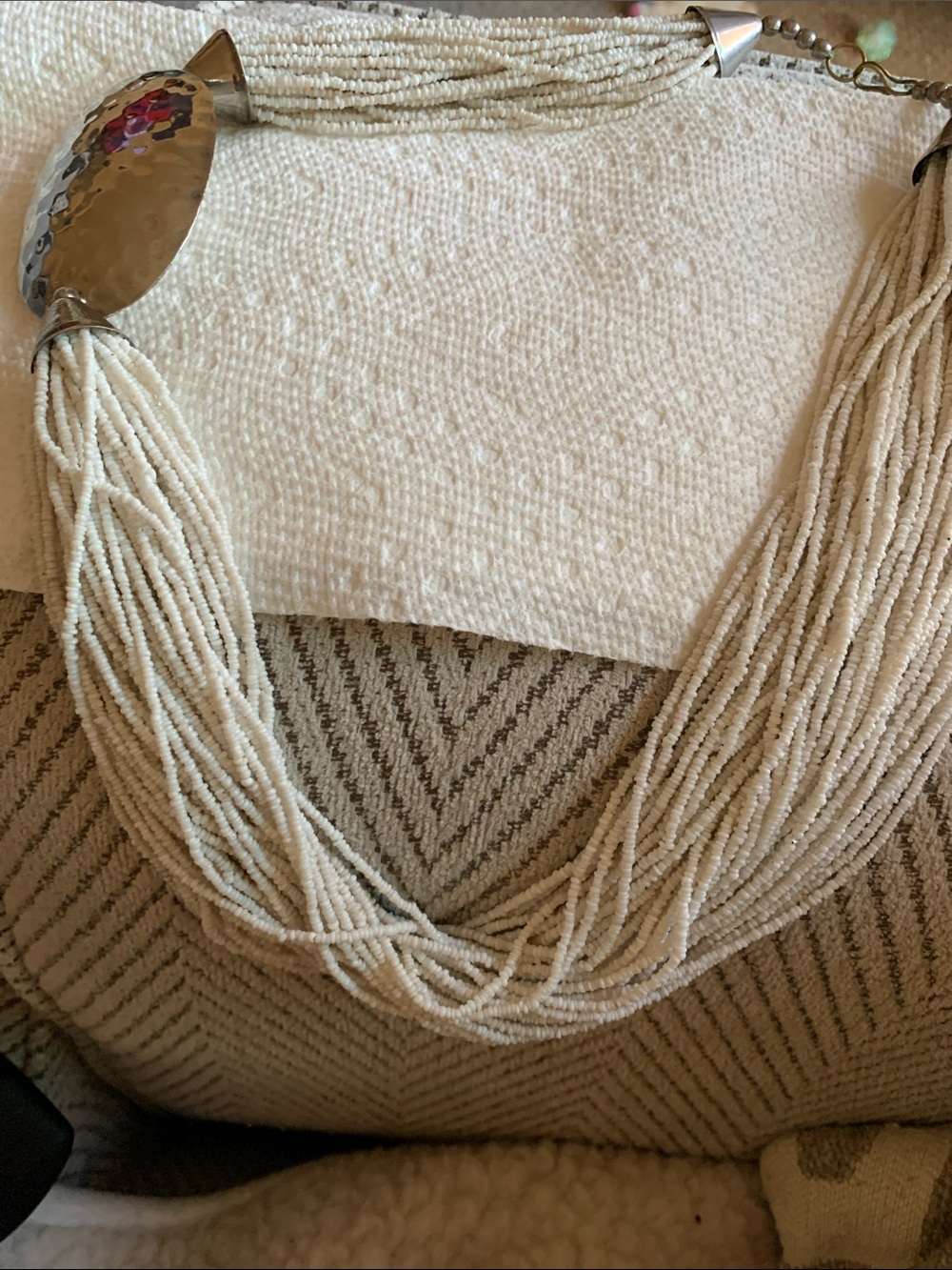 Layered Cream Beaded Necklace with Hammered Silver Accent